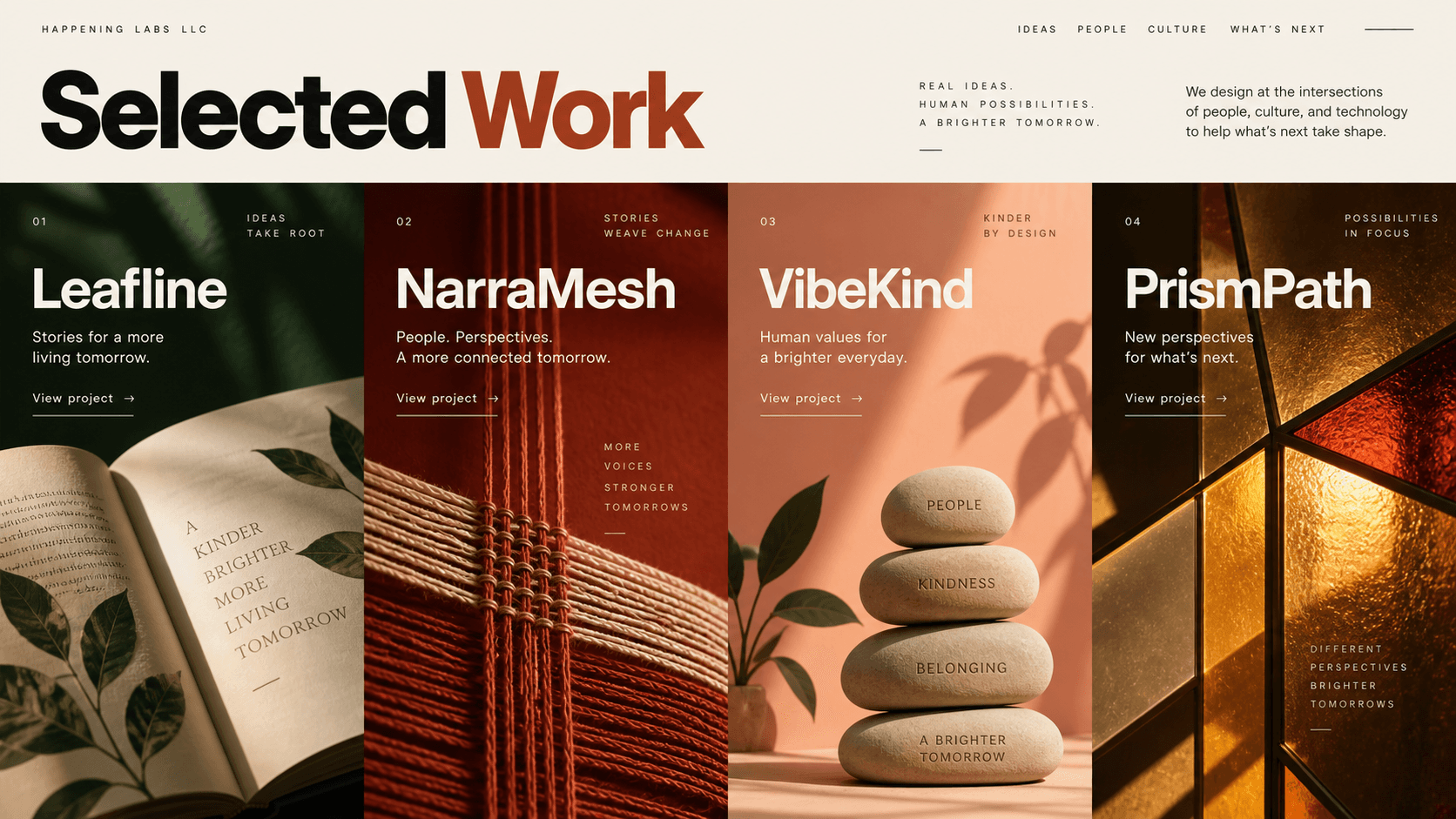 Visual concepts for Leafline, NarraMesh, VibeKind, and PrismPath