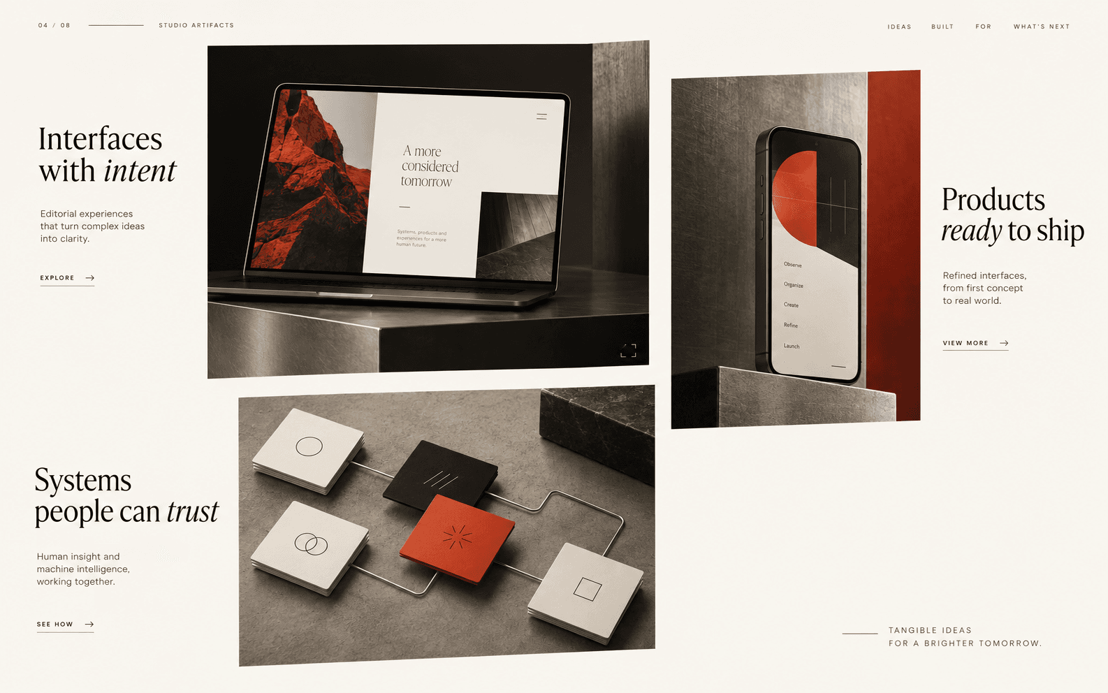 Conceptual laptop, mobile interface, and AI workflow artifacts